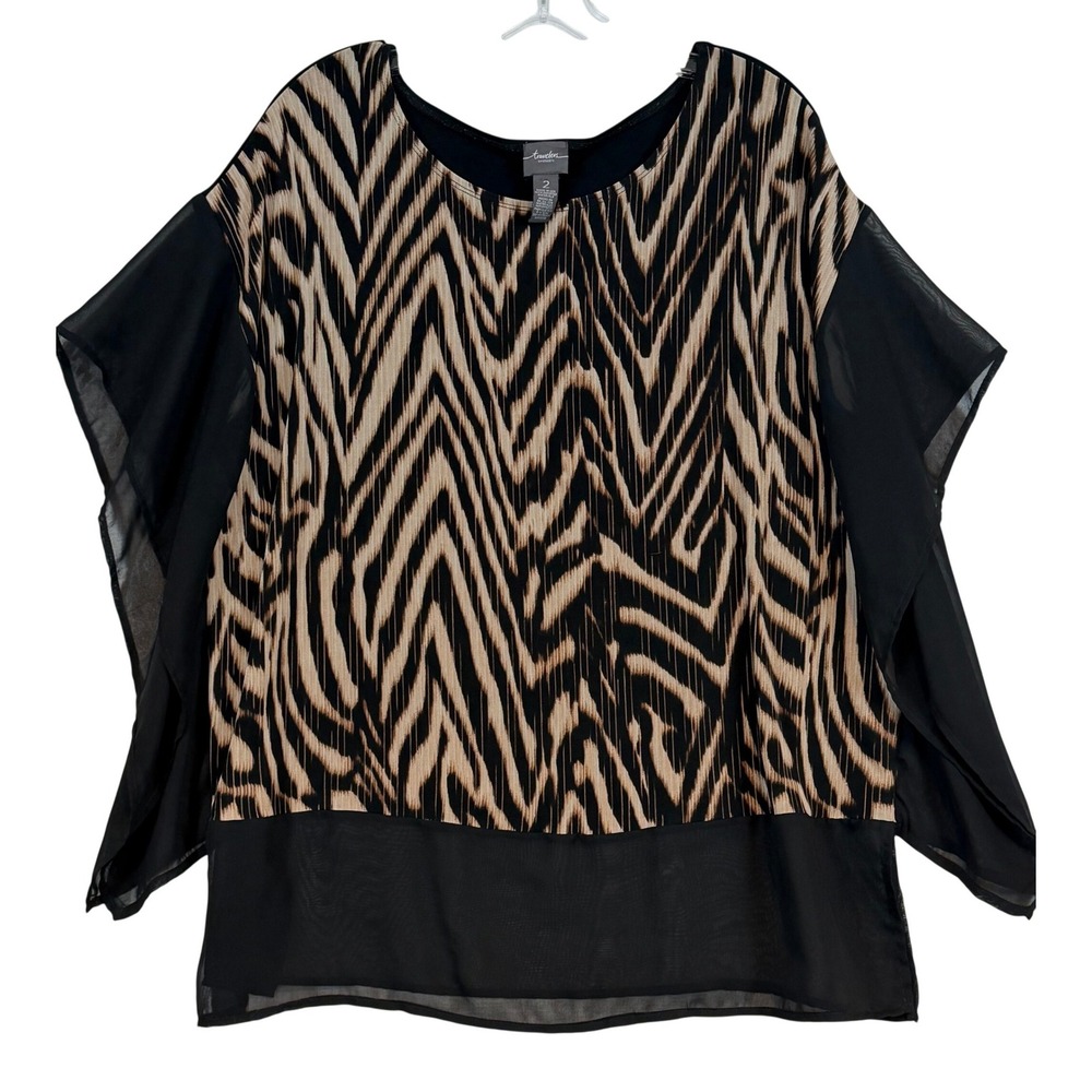 Travelers by Chico's Women Black Animal Print‎ Sheer Butterfly Sleeve Top Size 2